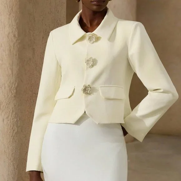 Yellow Elegant Women's Formal Blazer with Ornate Floral Details - Picture 6 of 7